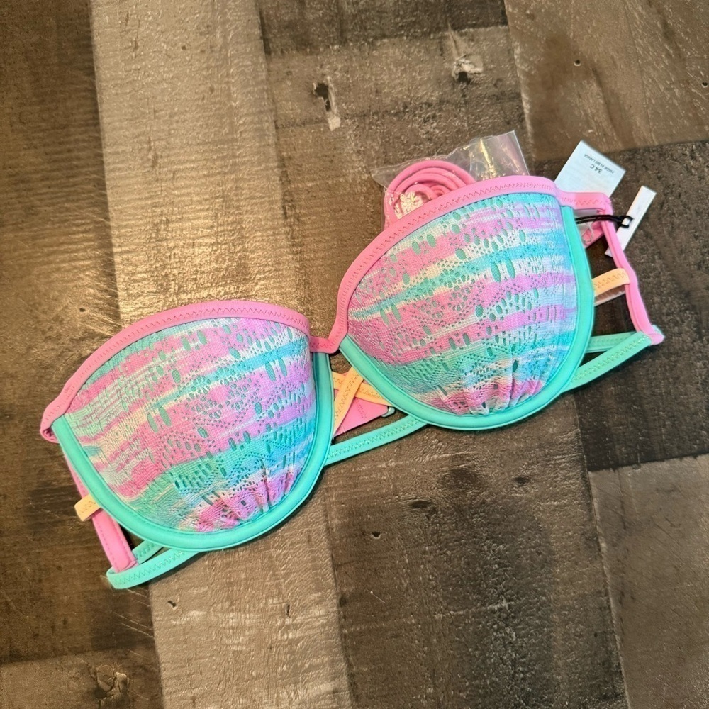 Shade & Shore Pink and Teal Lace-Trim Bikini Top